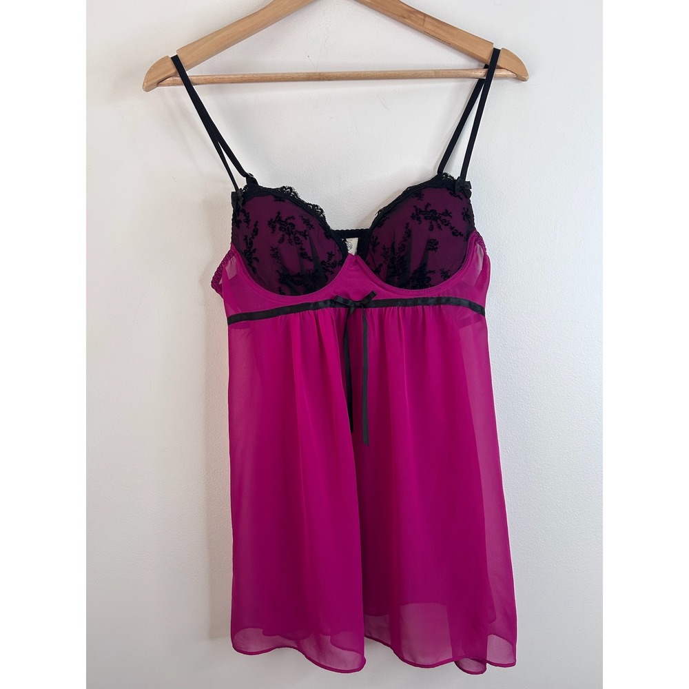 In Bloom Magenta Pink Black Lace Babydoll Chemise Lingerie Sz Medium Coquette‎